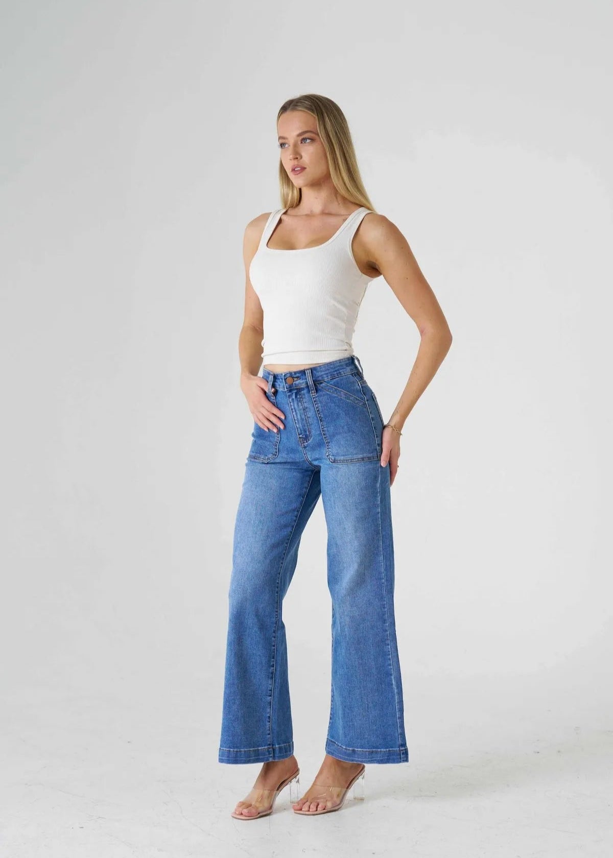 Ava Wide Leg Patch Pocket ~ Mid Blue