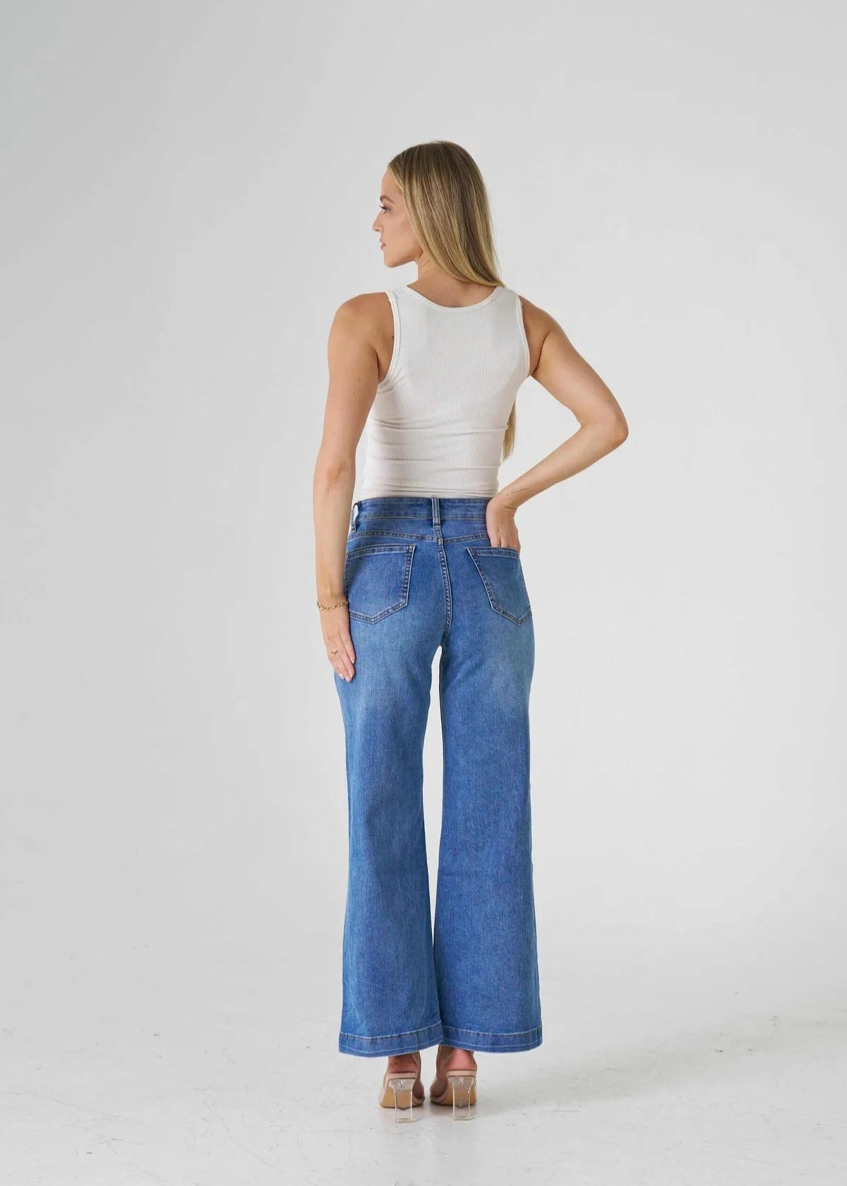 Ava Wide Leg Patch Pocket ~ Mid Blue