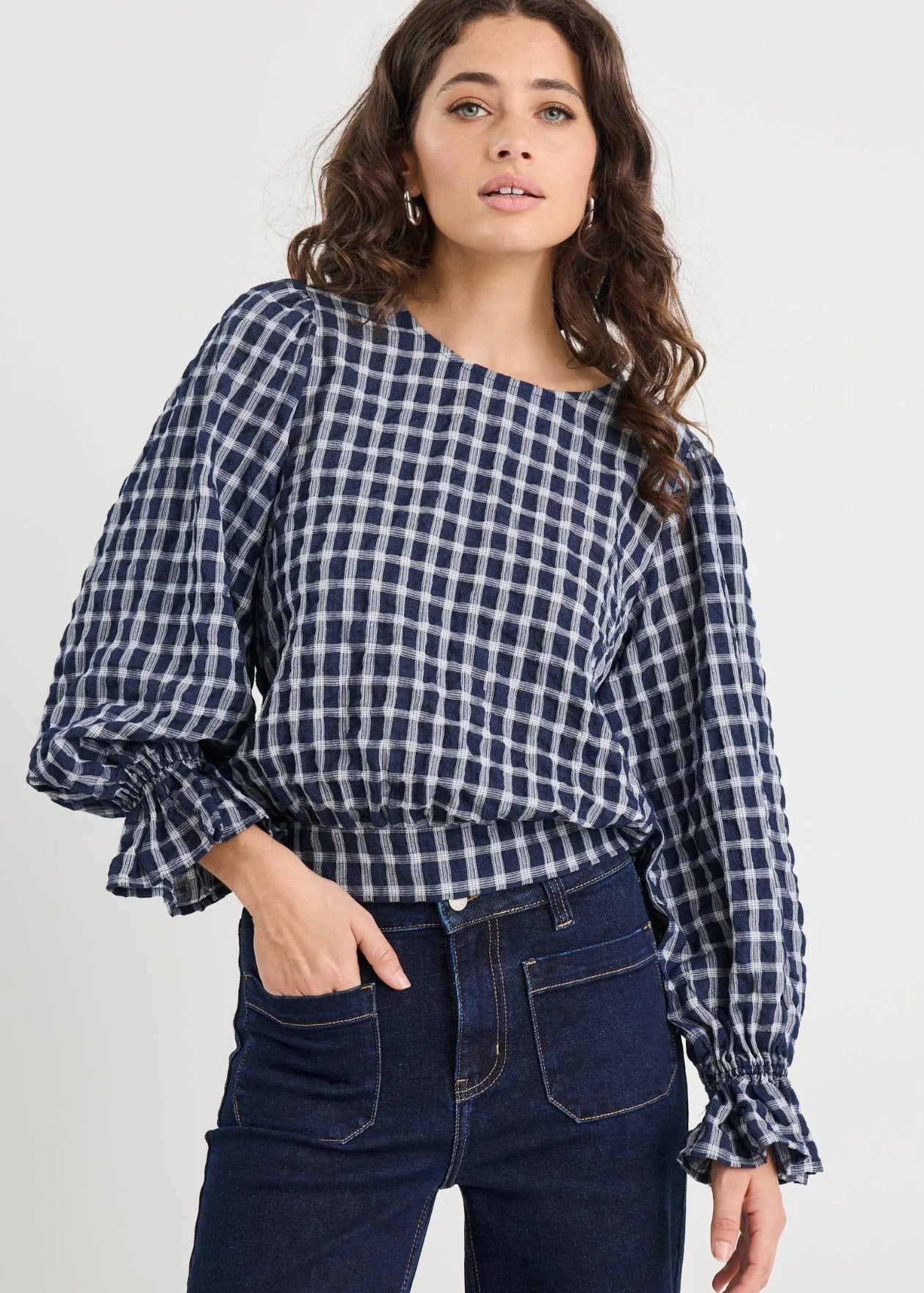 Image Shirred Back Panel LS Top ~ Ink Check