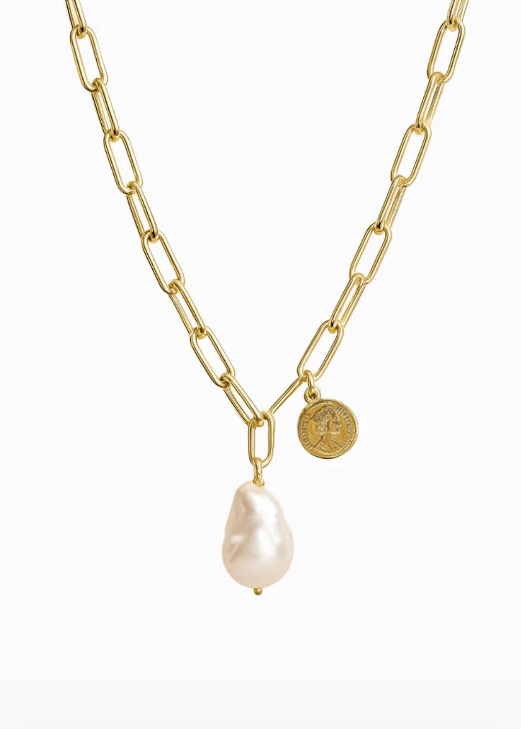 Pearl Drop with Coin Necklace ~ Gold