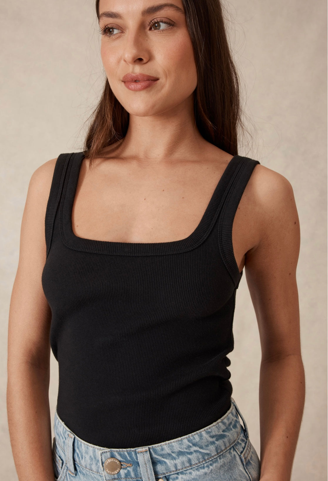 Zaeli Contour Rib Square Neck Tank ~ Black