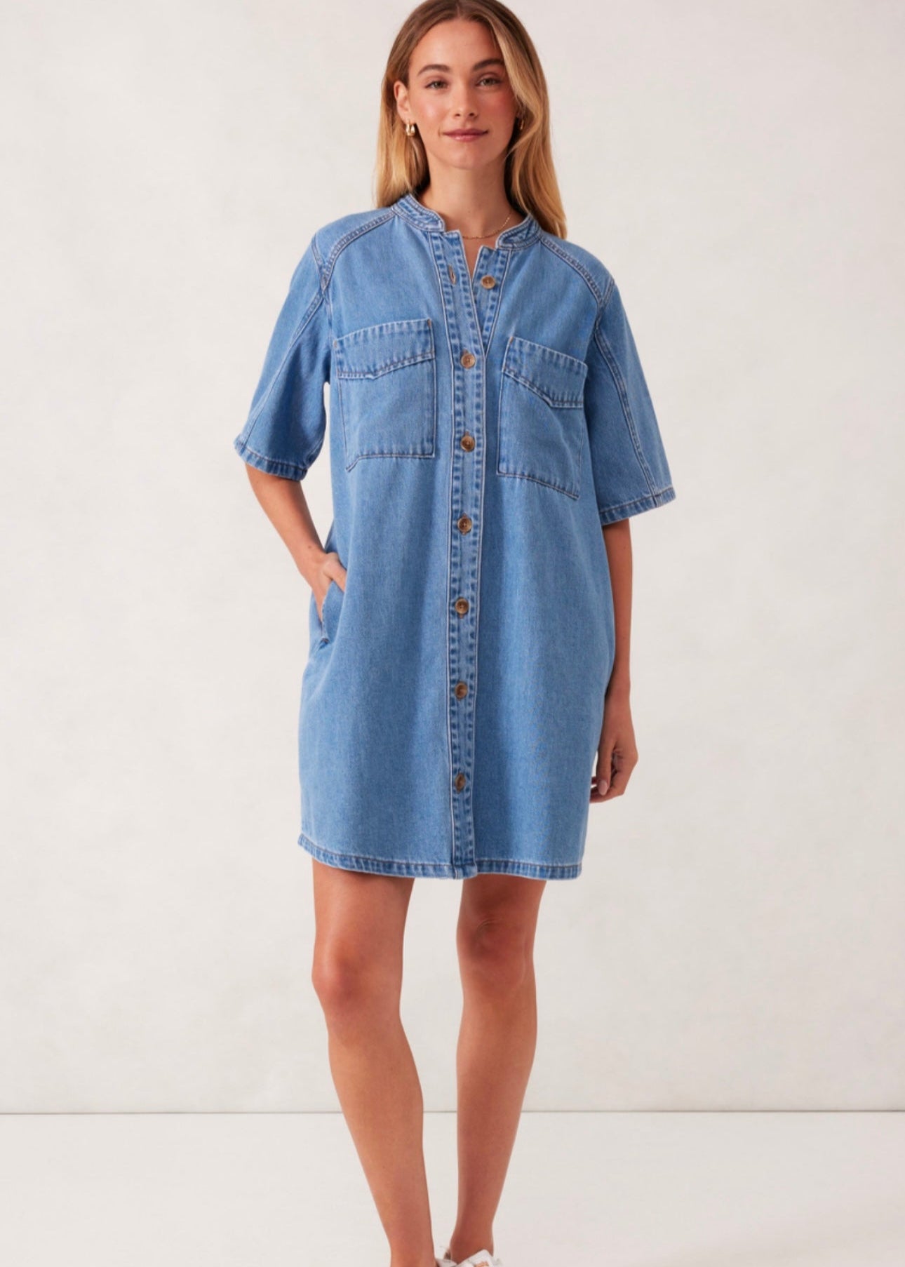 Collarless Relaxed Dress ~ Denim