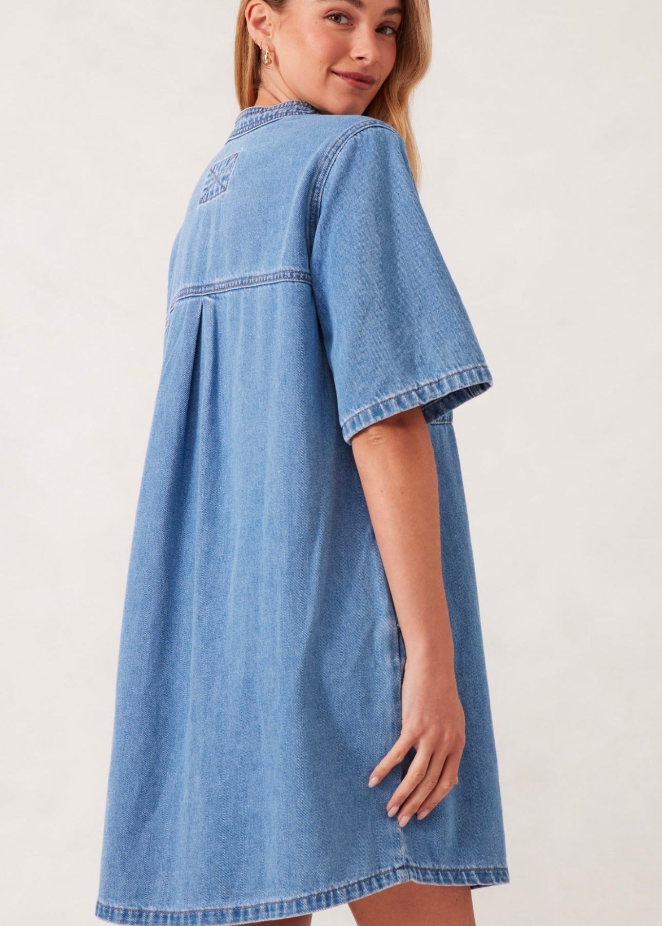 Collarless Relaxed Dress ~ Denim
