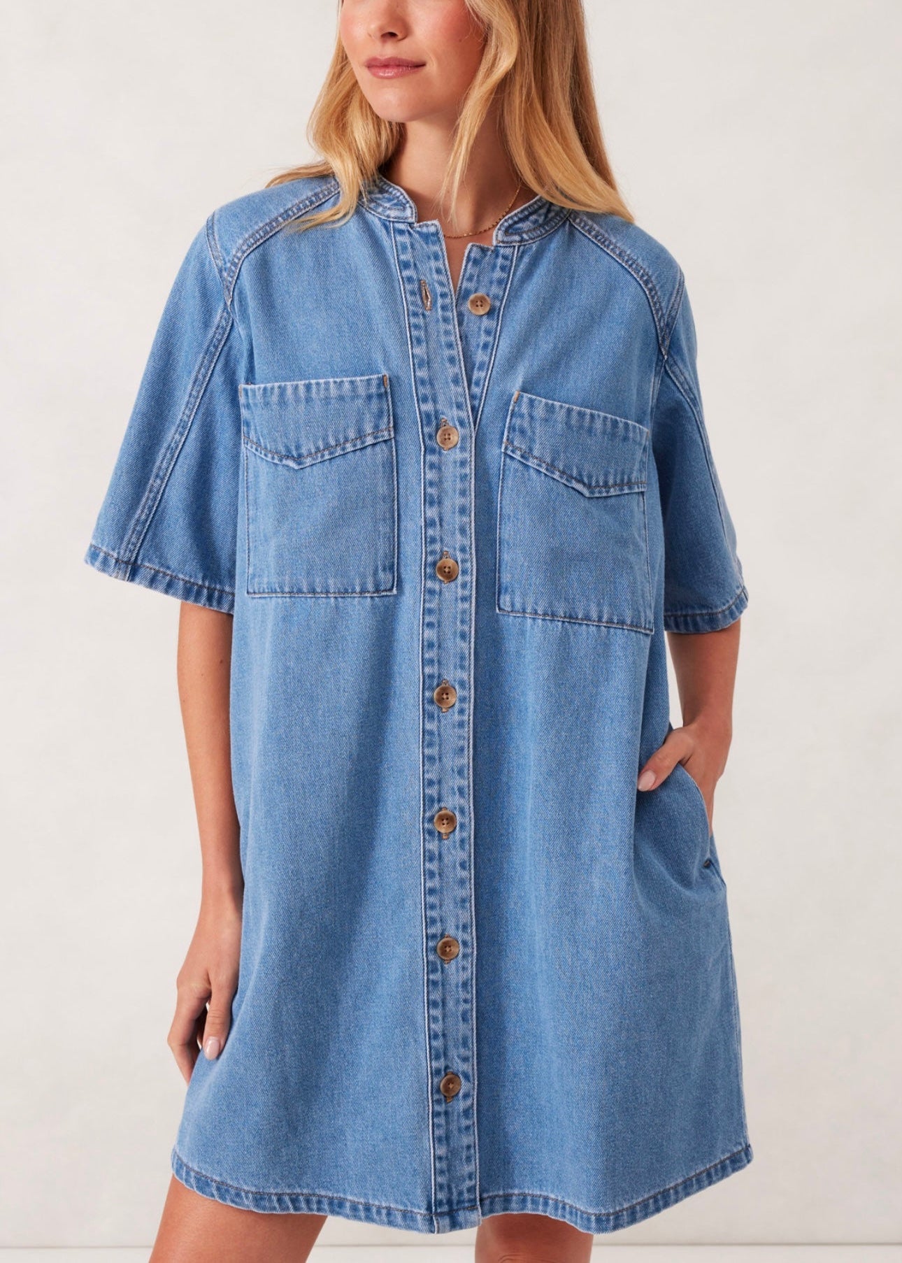 Collarless Relaxed Dress ~ Denim