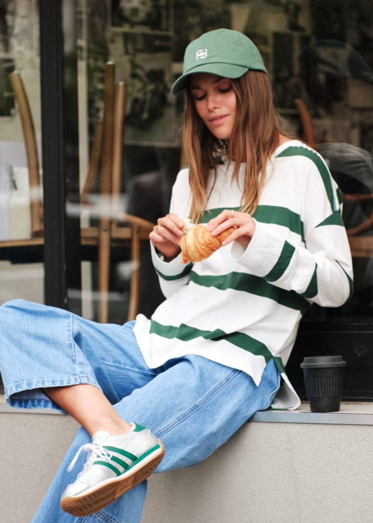 Slouchy Long Sleeve tee ~ Vanilla/Pine Green