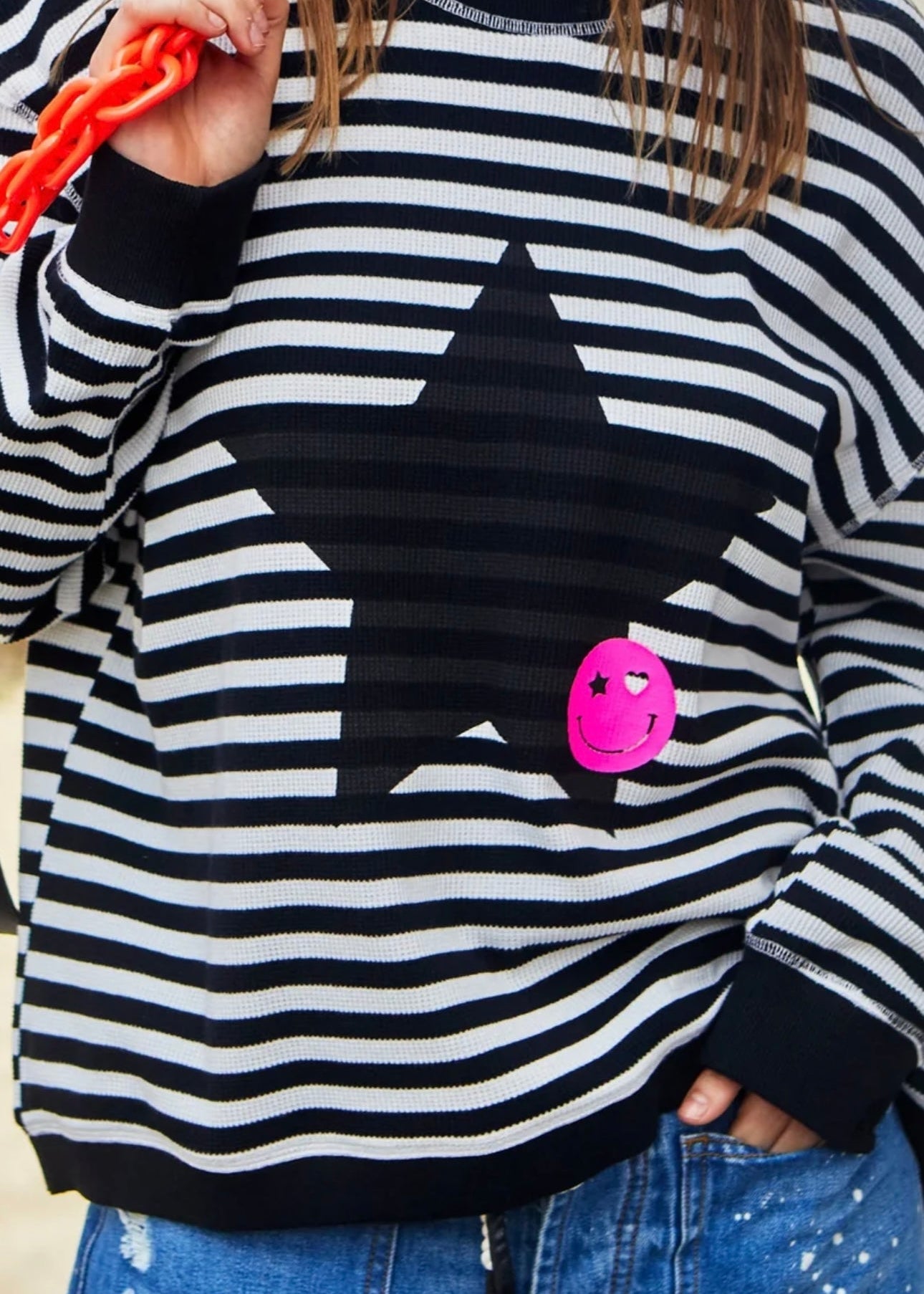 Star Stripe Waffle Top ~ Black/White