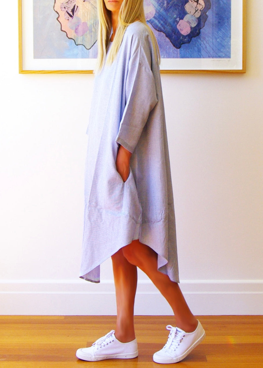 Willow Linen Dress ~ Pale Blue & White