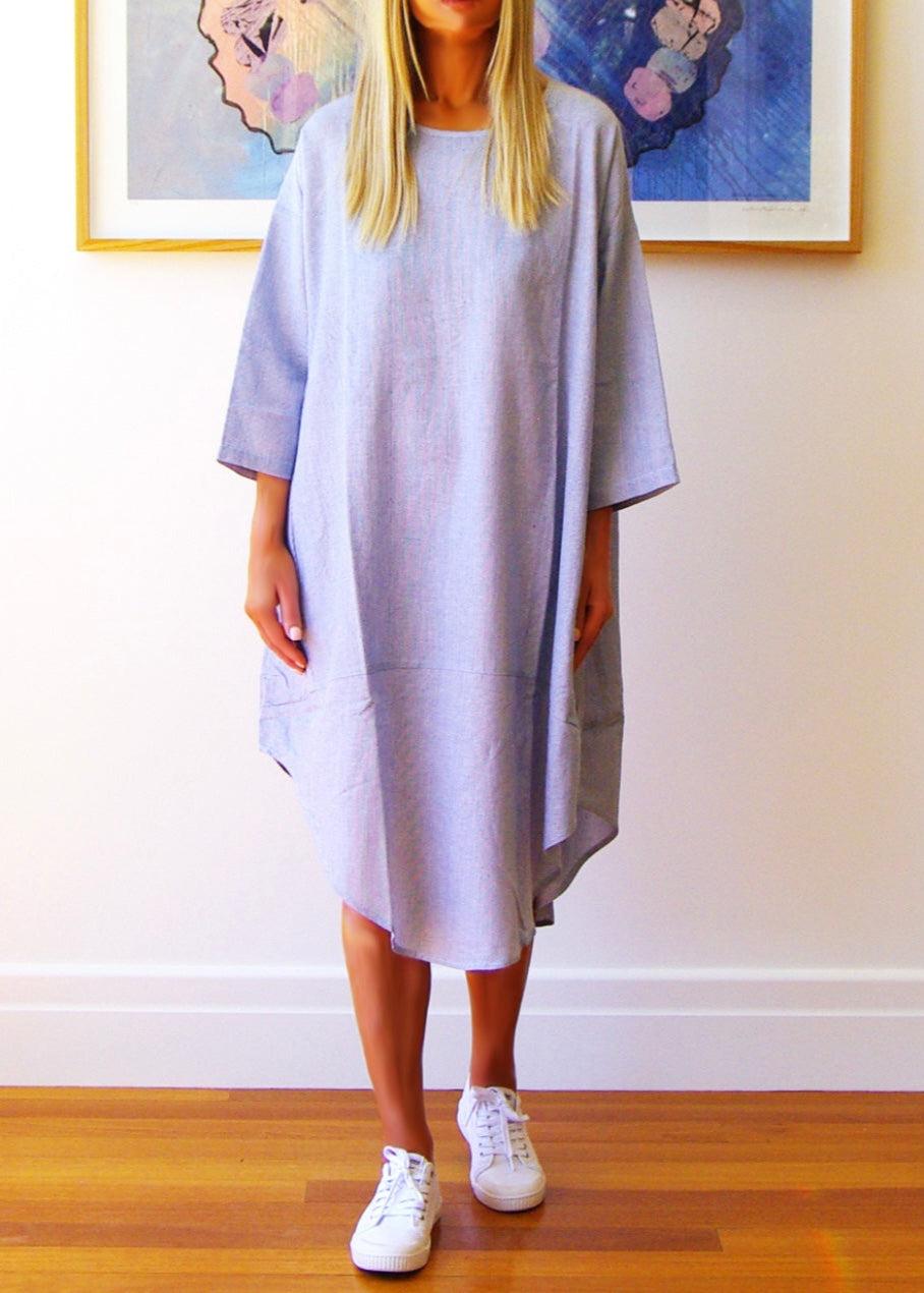 Willow Linen Dress ~ Pale Blue & White