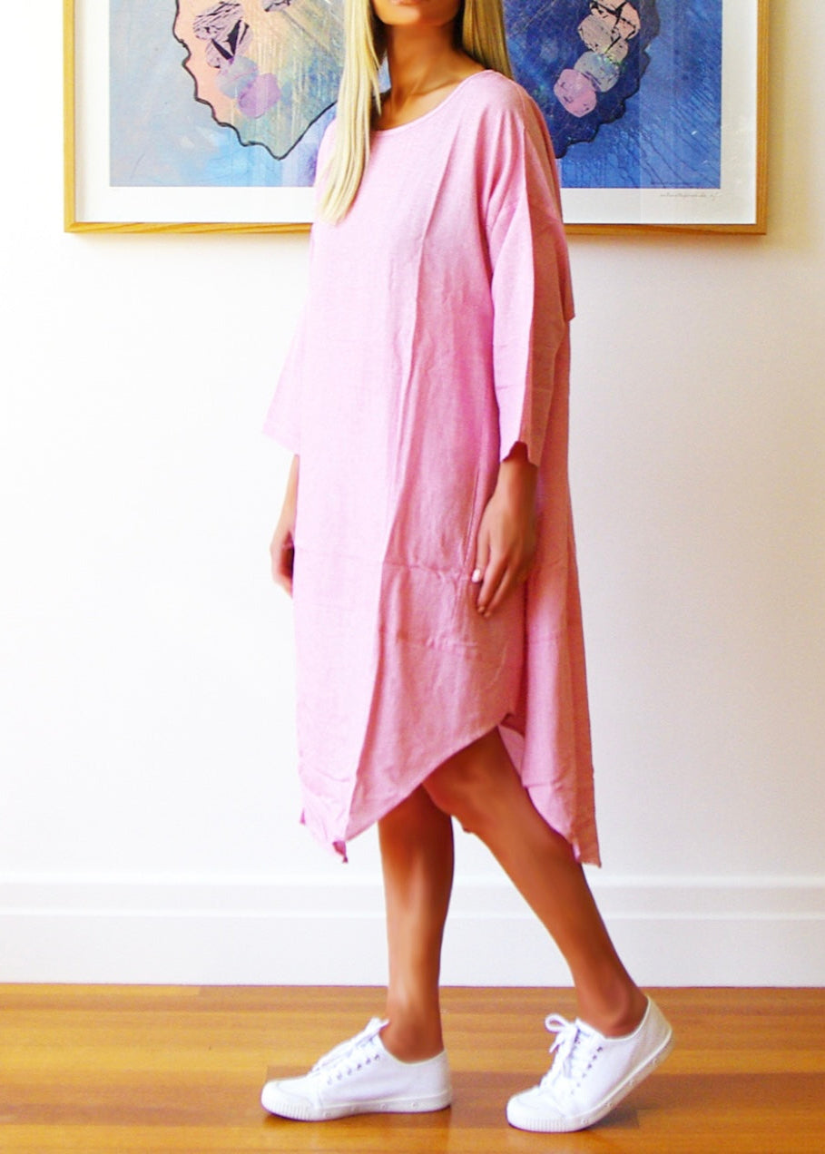 Willow Linen Dress ~ Pink & White