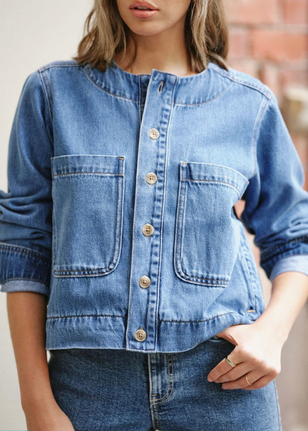 Collarless Denim Jacket ~ Fresh Indigo