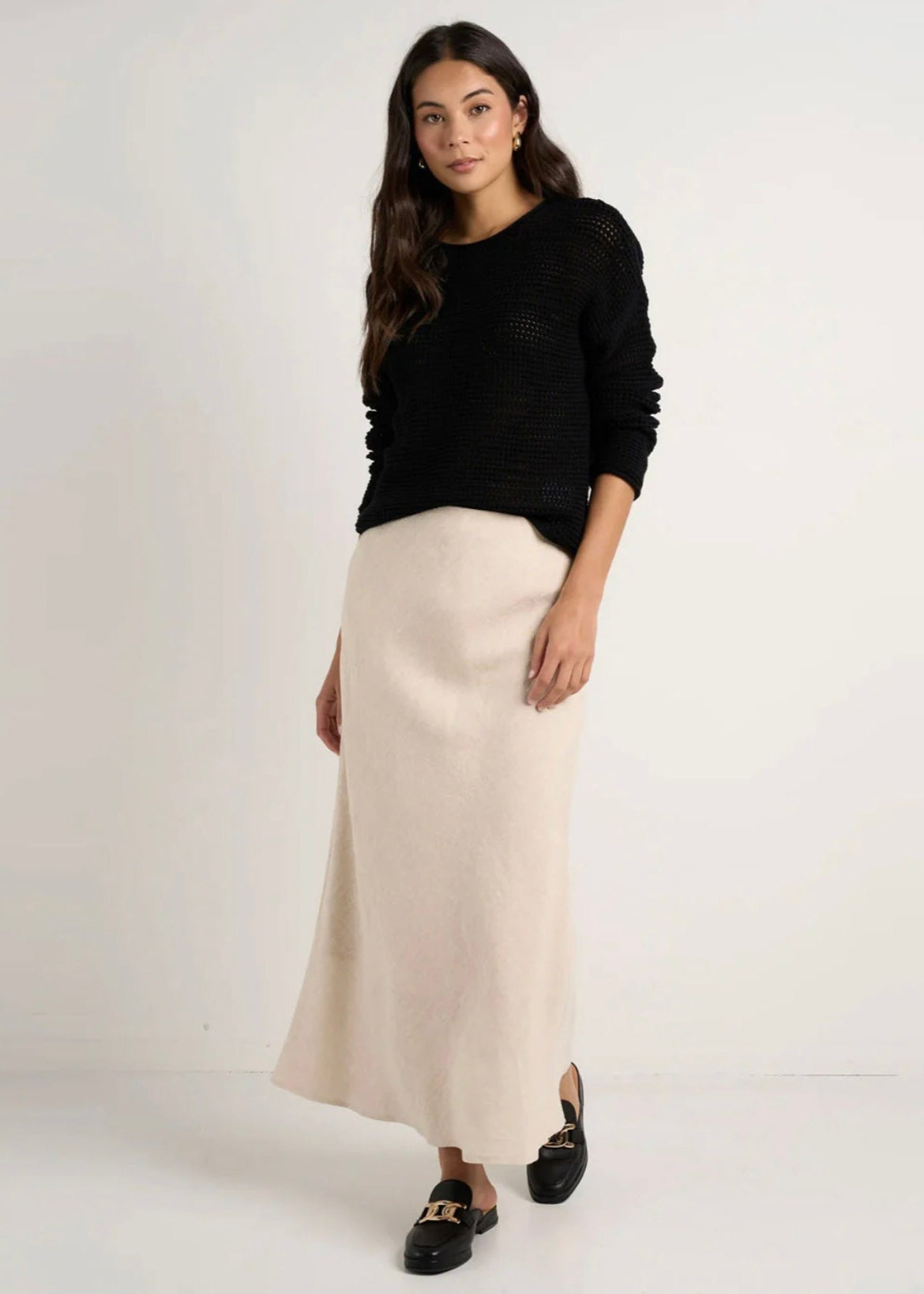 Bliss Linen Bias Midi Skirt ~ Natural