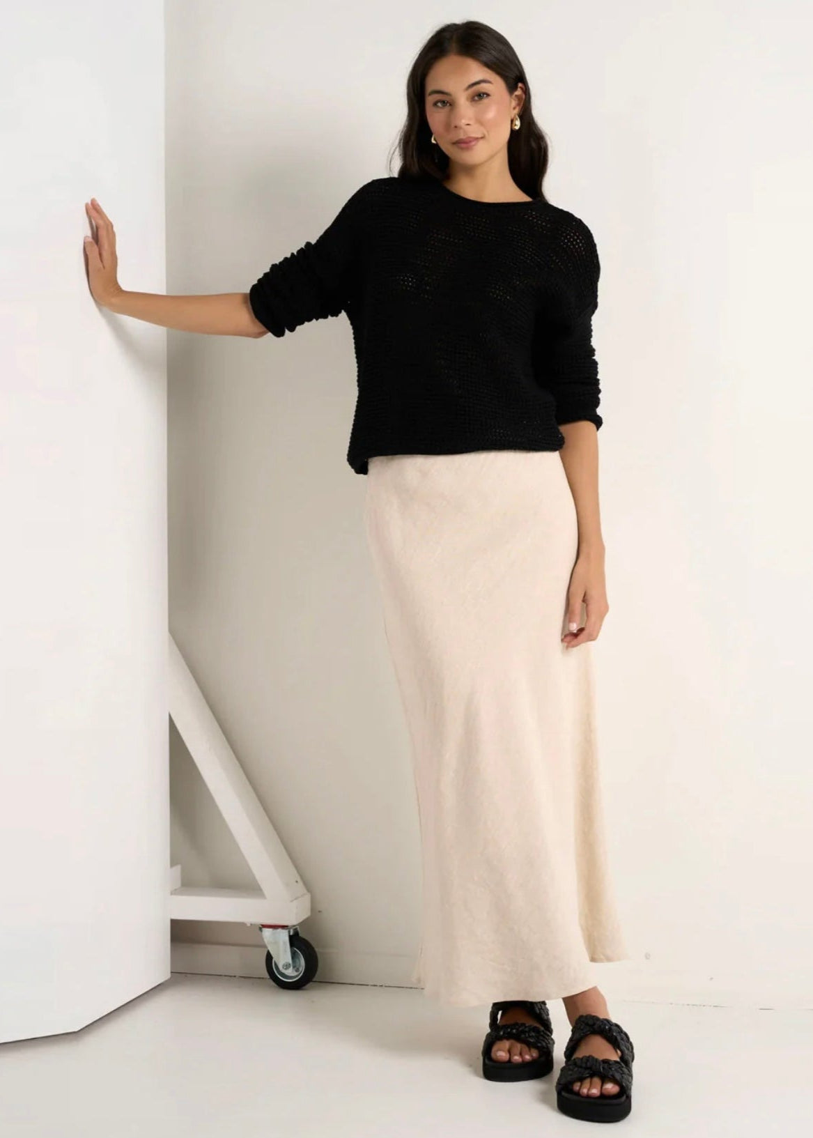 Bliss Linen Bias Midi Skirt ~ Natural