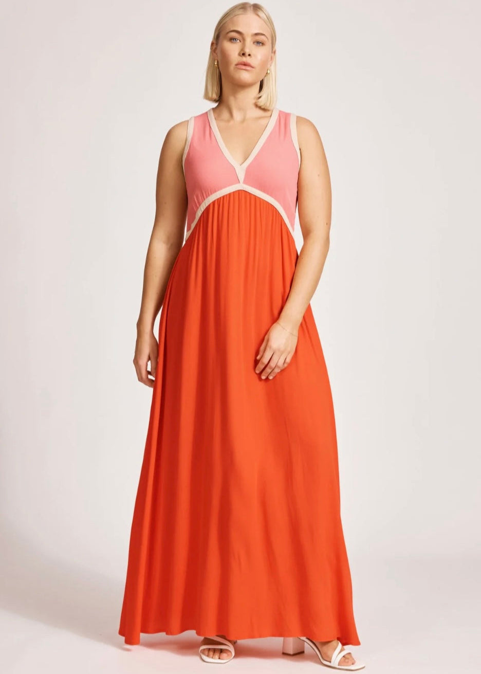 Alegria Spliced Maxi Dress ~ Cameo/Coral