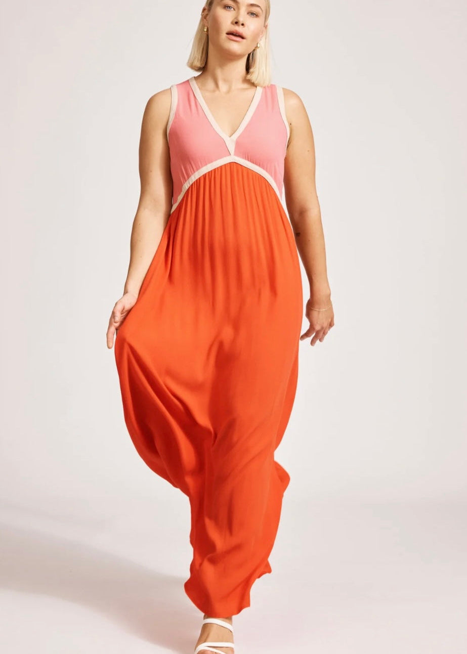 Alegria Spliced Maxi Dress ~ Cameo/Coral