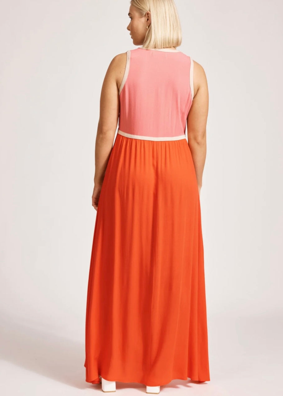 Alegria Spliced Maxi Dress ~ Cameo/Coral