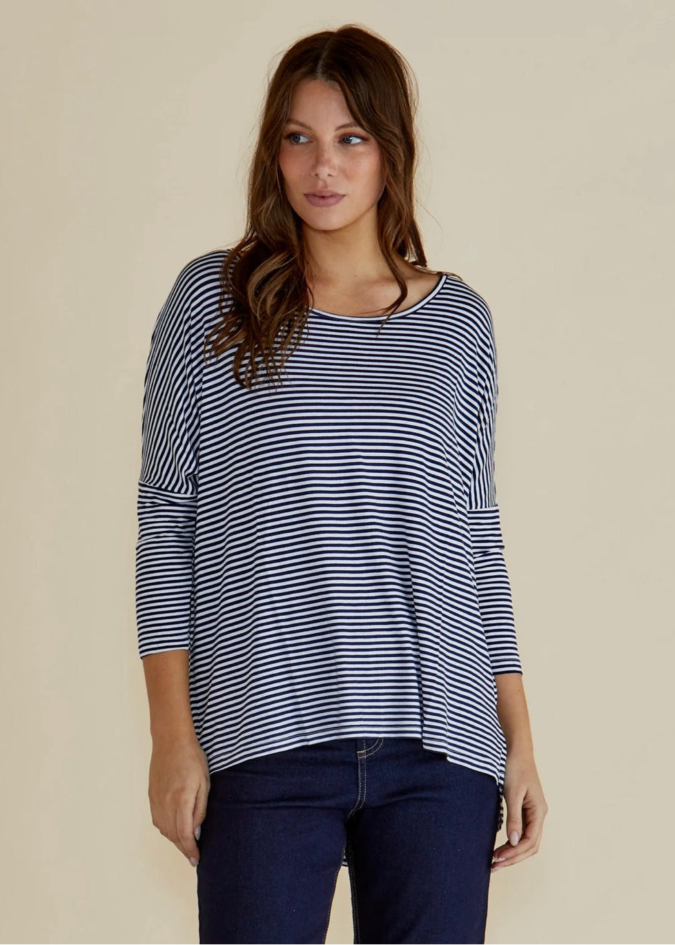 Milan 3/4 Sleeve Top ~ Navy Blue/White Stripe