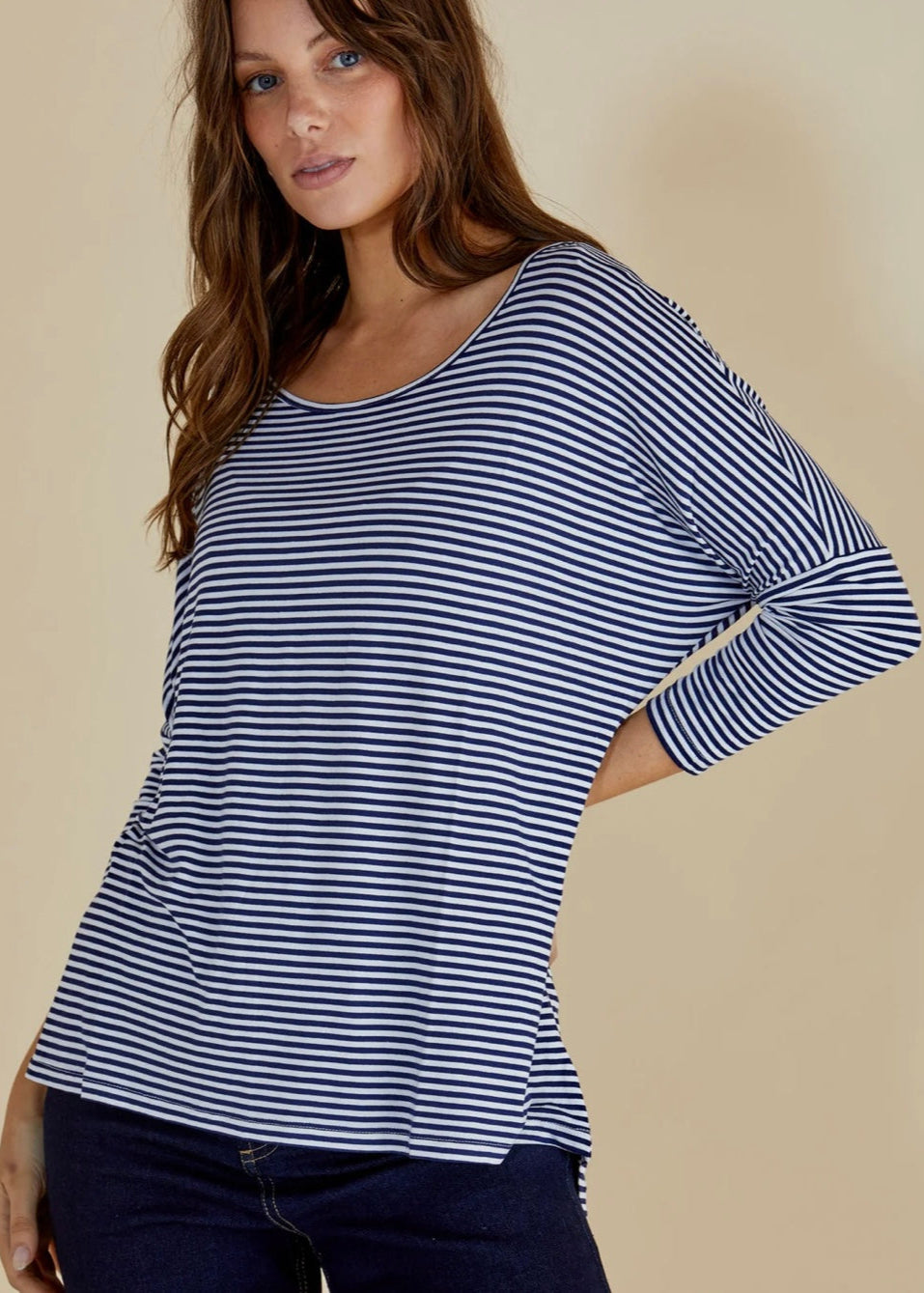Milan 3/4 Sleeve Top ~ Navy Blue/White Stripe