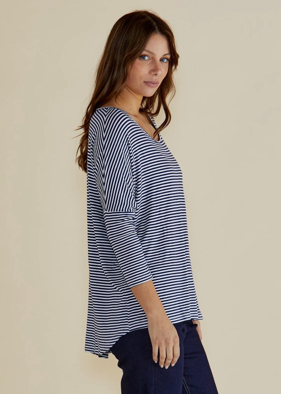 Milan 3/4 Sleeve Top ~ Navy Blue/White Stripe