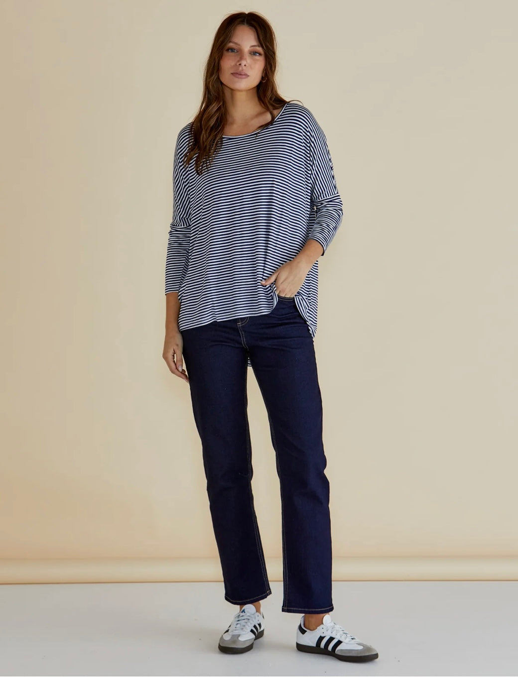 Milan 3/4 Sleeve Top ~ Navy Blue/White Stripe