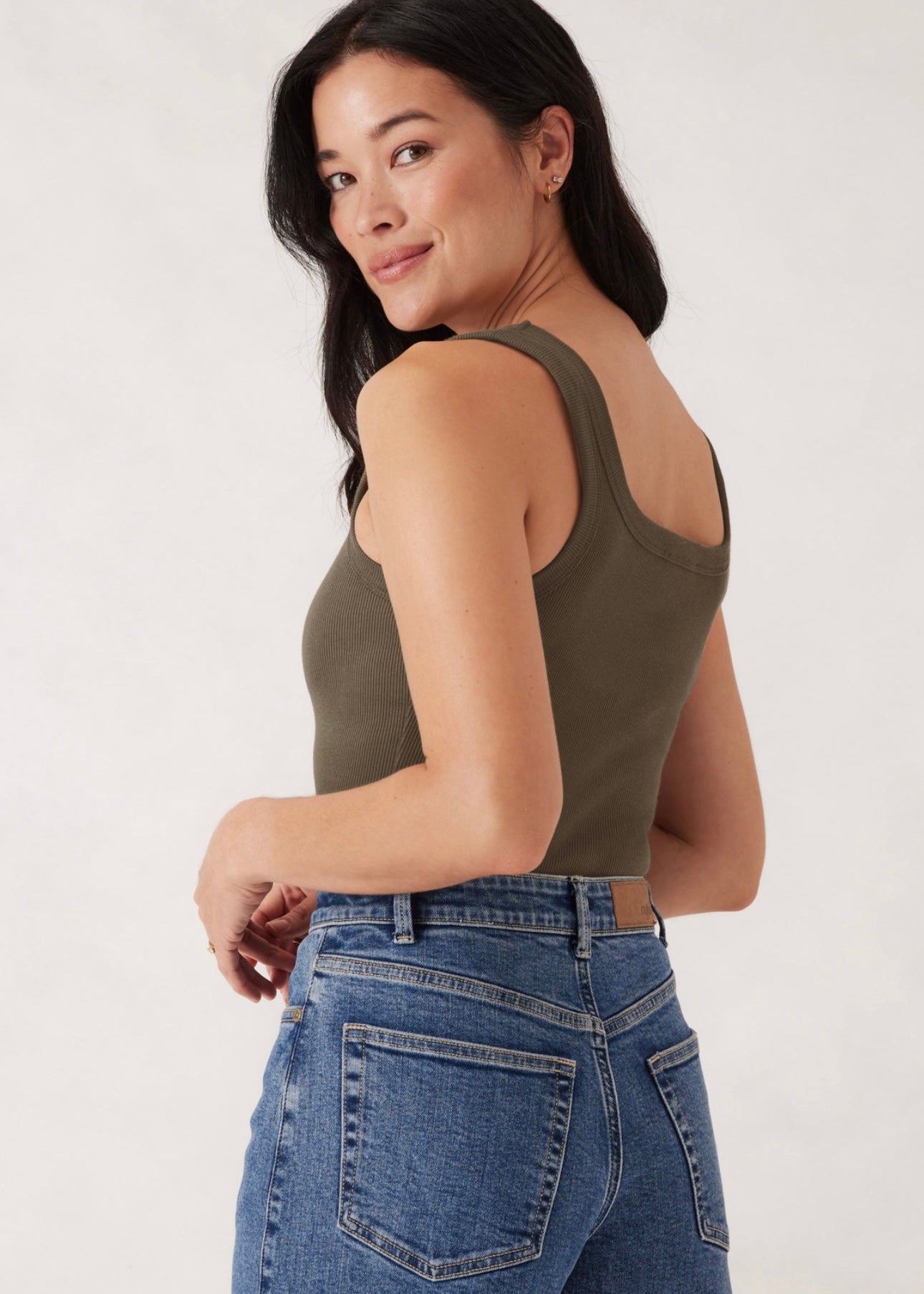 Zaeli Contour Rib Square Neck Tank ~ Soft Olive
