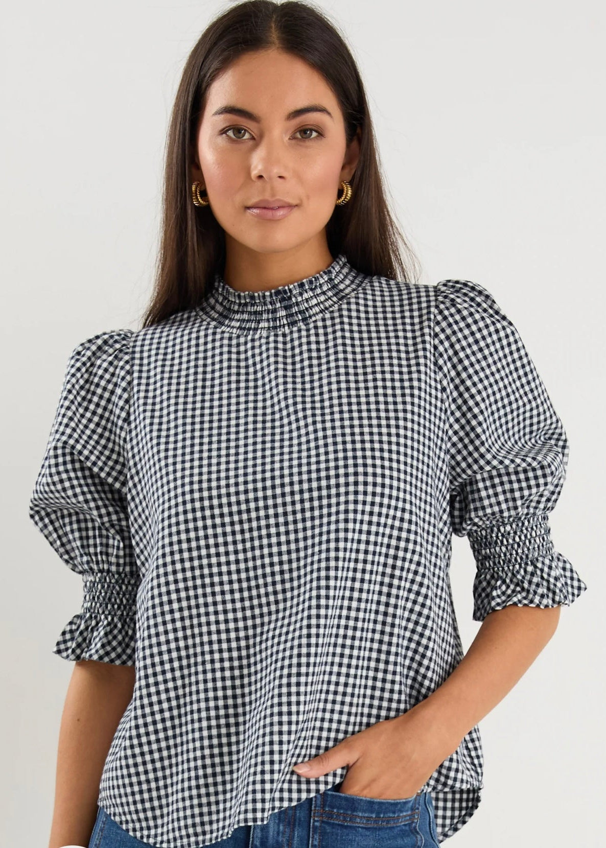 Affection High Neck Top ~ Navy Gingham