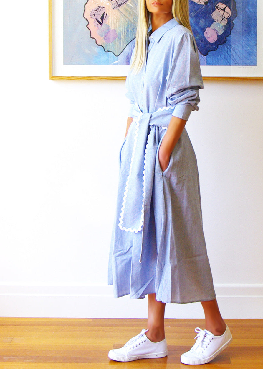 Lillie Dress ~ Fine Stripe Pale Blue & White