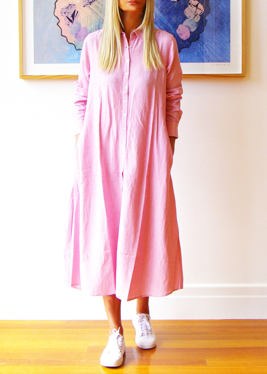 Lillie Dress ~ Fine Stripe Pink & White