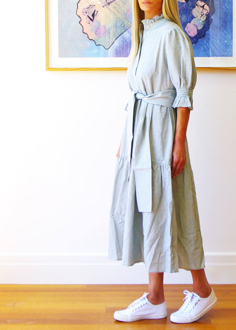 Lottie Dress ~ Fine Stripe Green & White