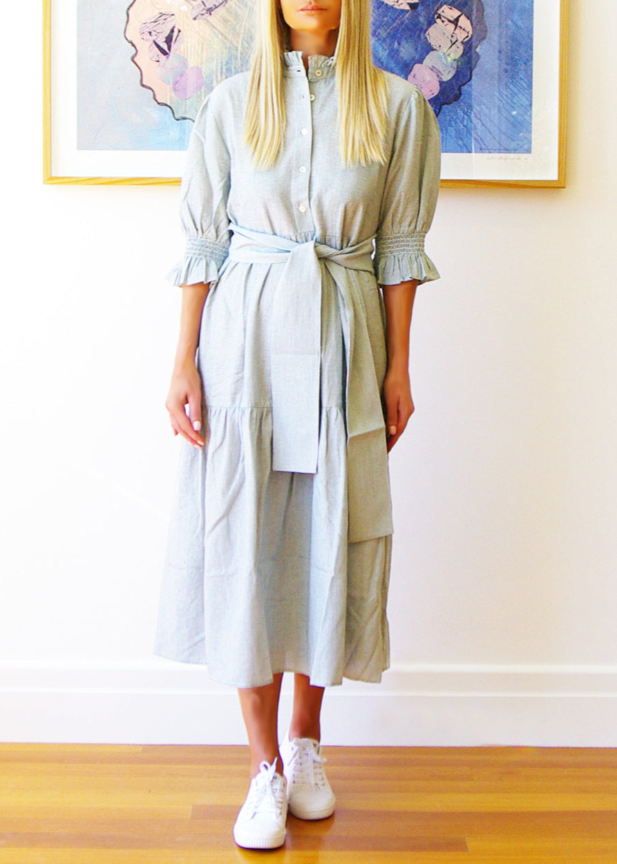 Lottie Dress ~ Fine Stripe Green & White