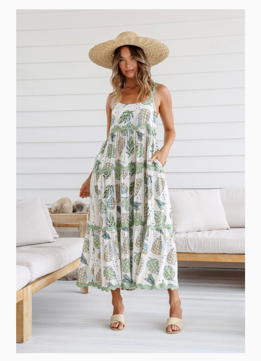 Clara Vintage Shoe String Maxi Dress ~ Khaki Leaf