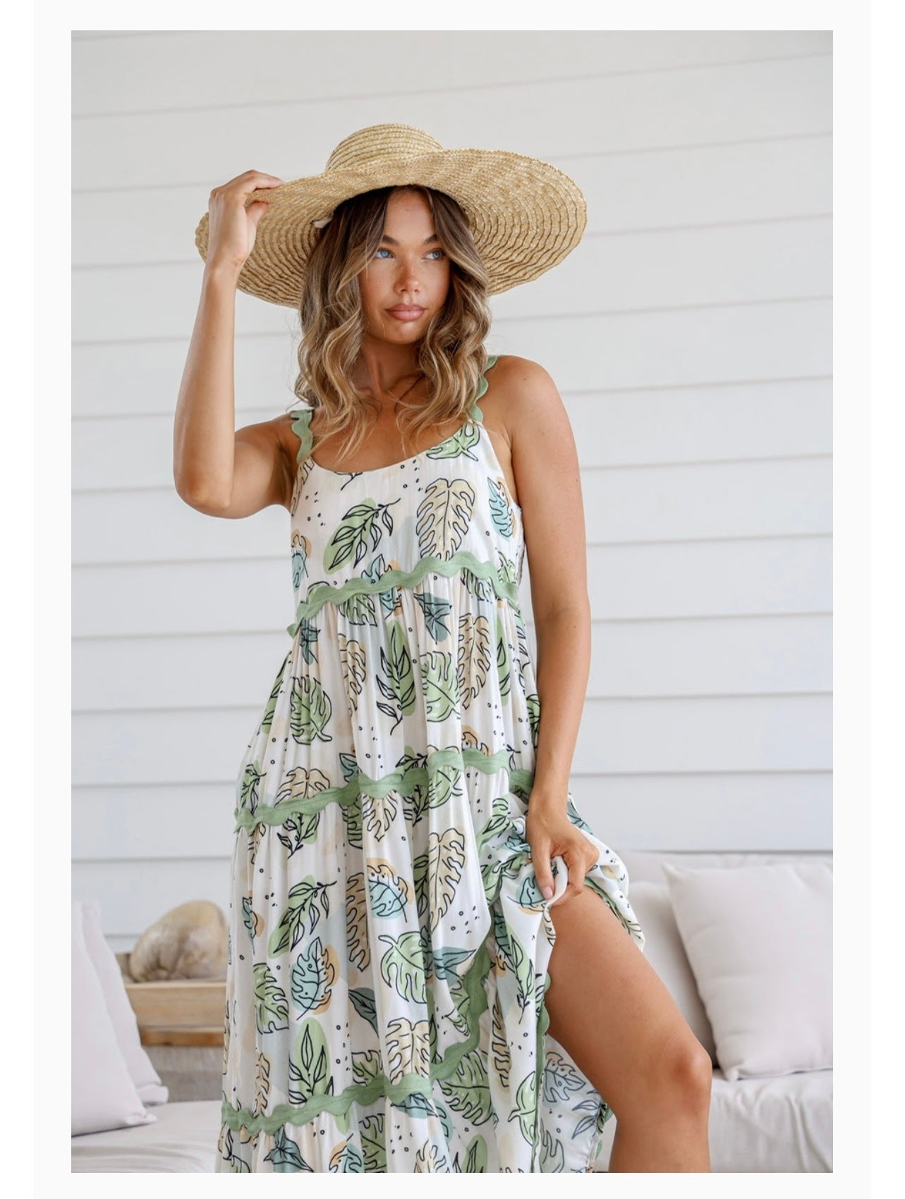 Clara Vintage Shoe String Maxi Dress ~ Khaki Leaf