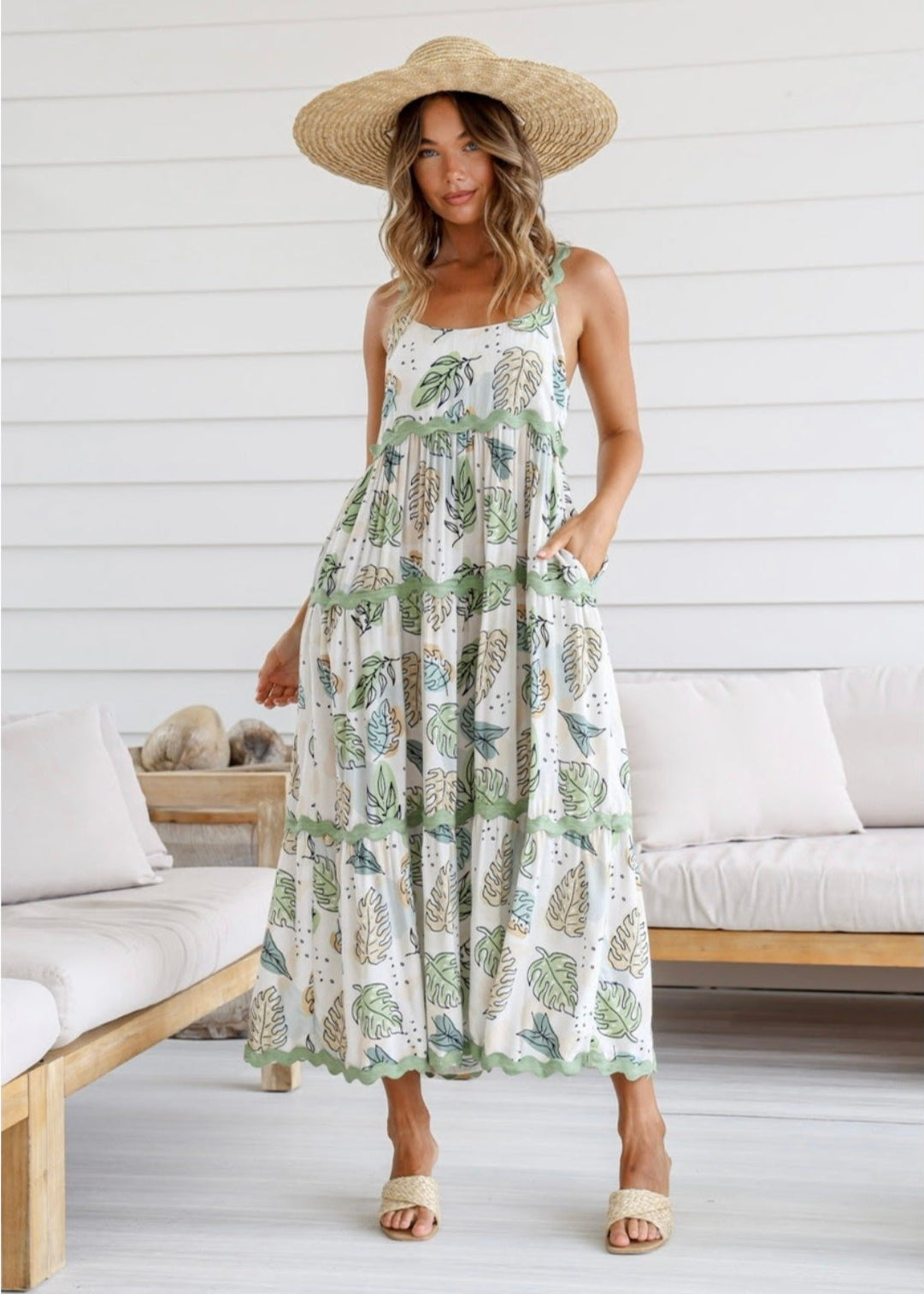 Clara Vintage Shoe String Maxi Dress ~ Khaki Leaf