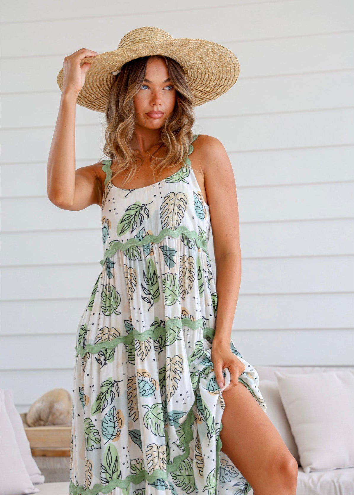 Clara Vintage Shoe String Maxi Dress ~ Khaki Leaf