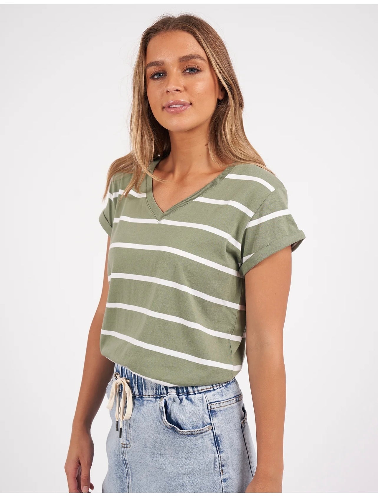 Manly Stripe Vee Tee ~ Sage