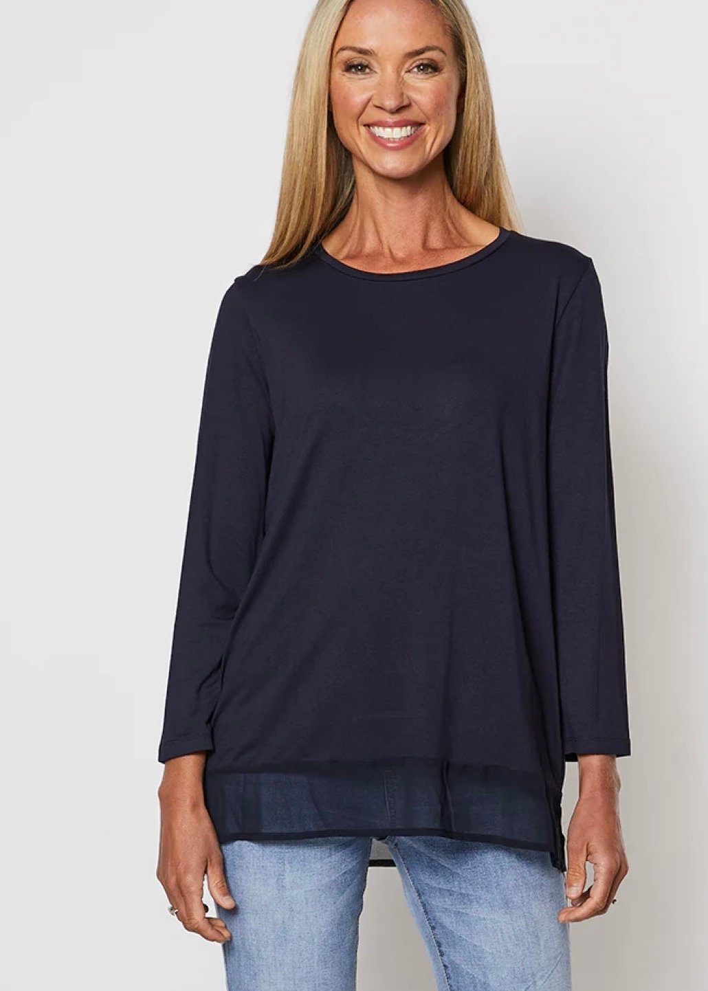 Georgette Hem Long Sleeve Top ~ Navy