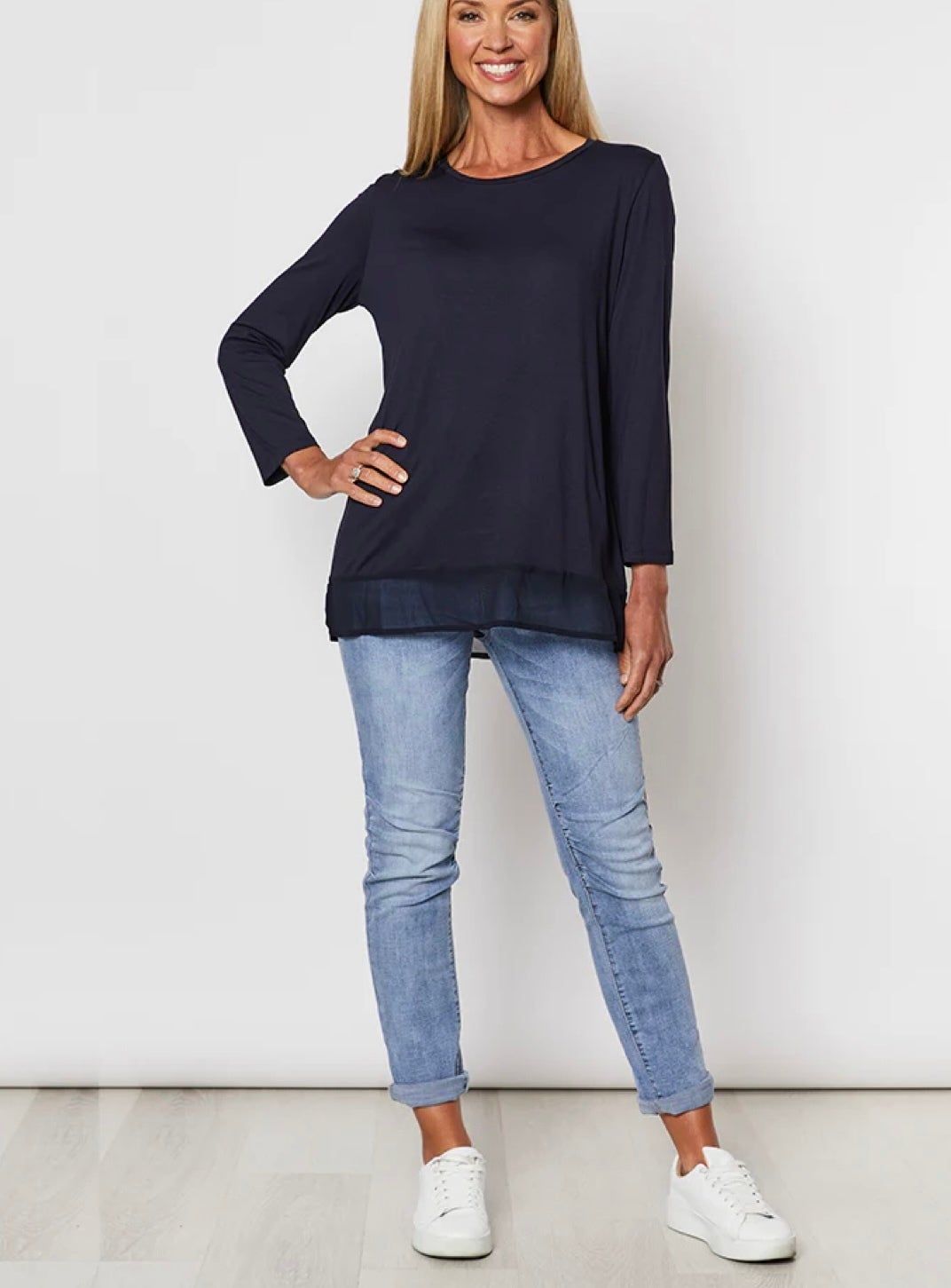 Georgette Hem Long Sleeve Top ~ Navy