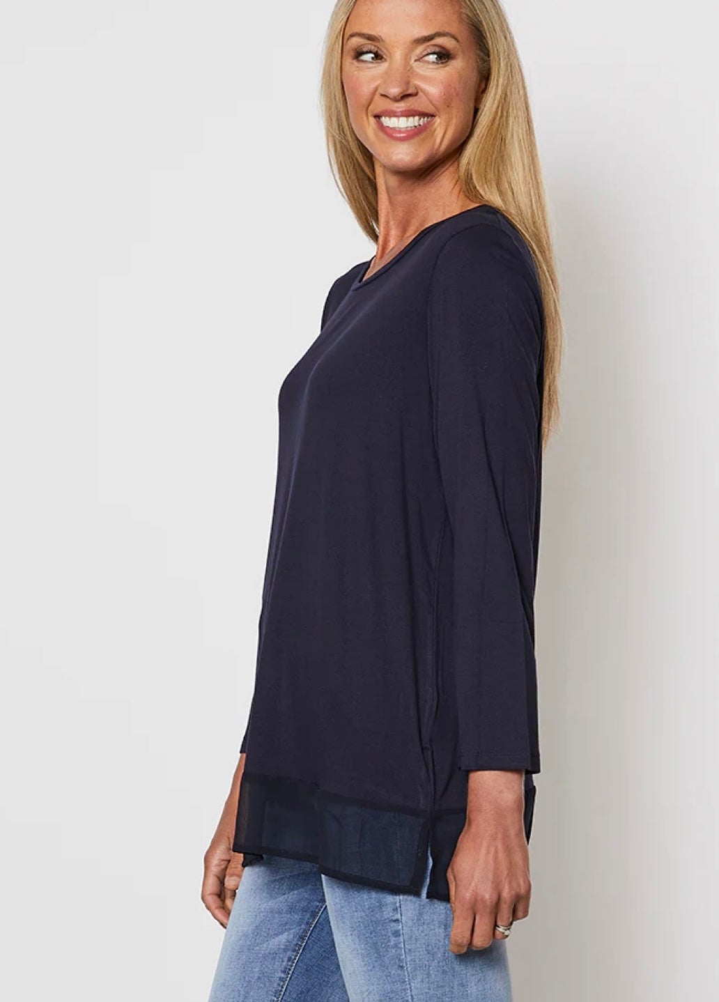 Georgette Hem Long Sleeve Top ~ Navy
