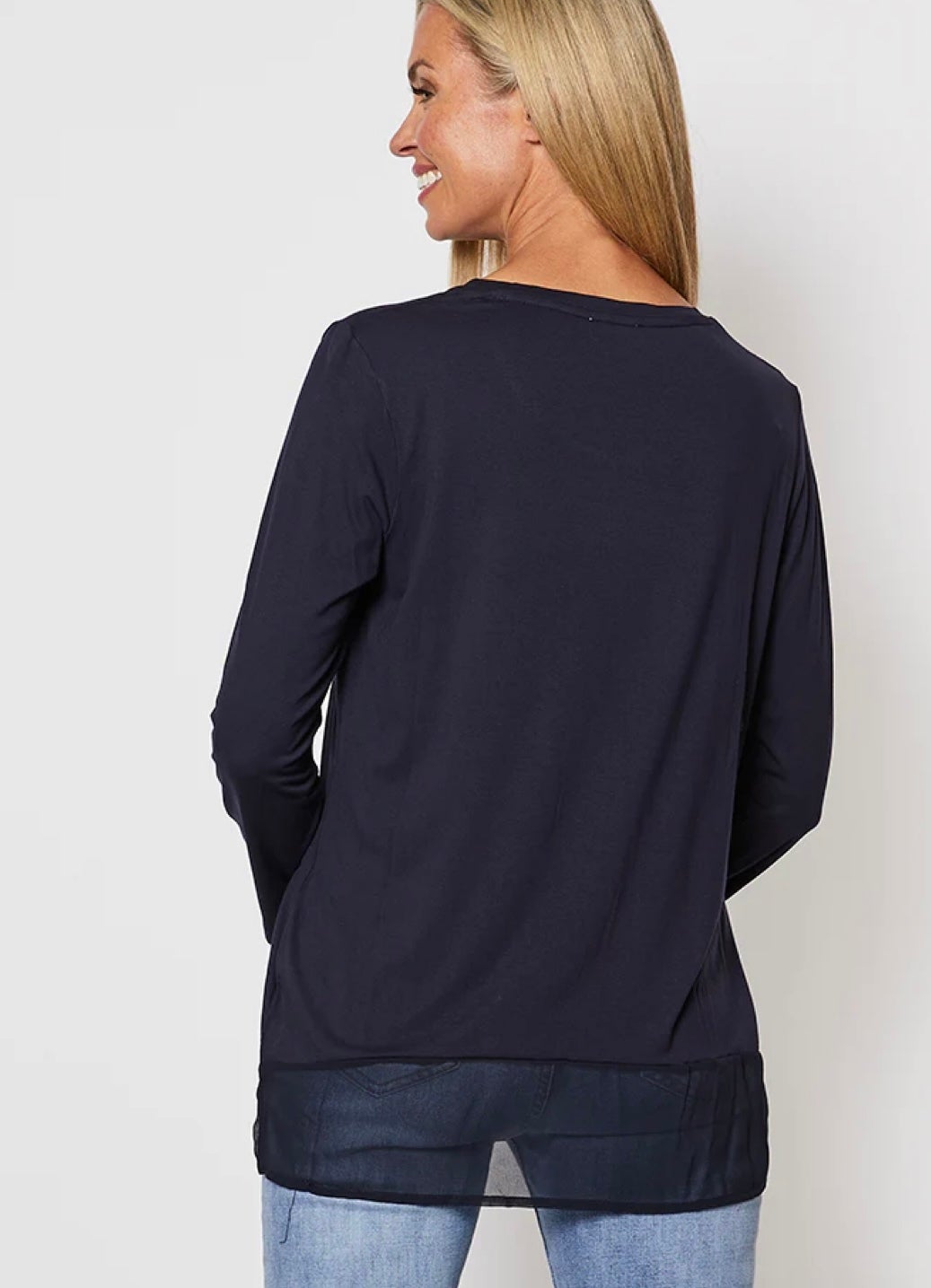 Georgette Hem Long Sleeve Top ~ Navy