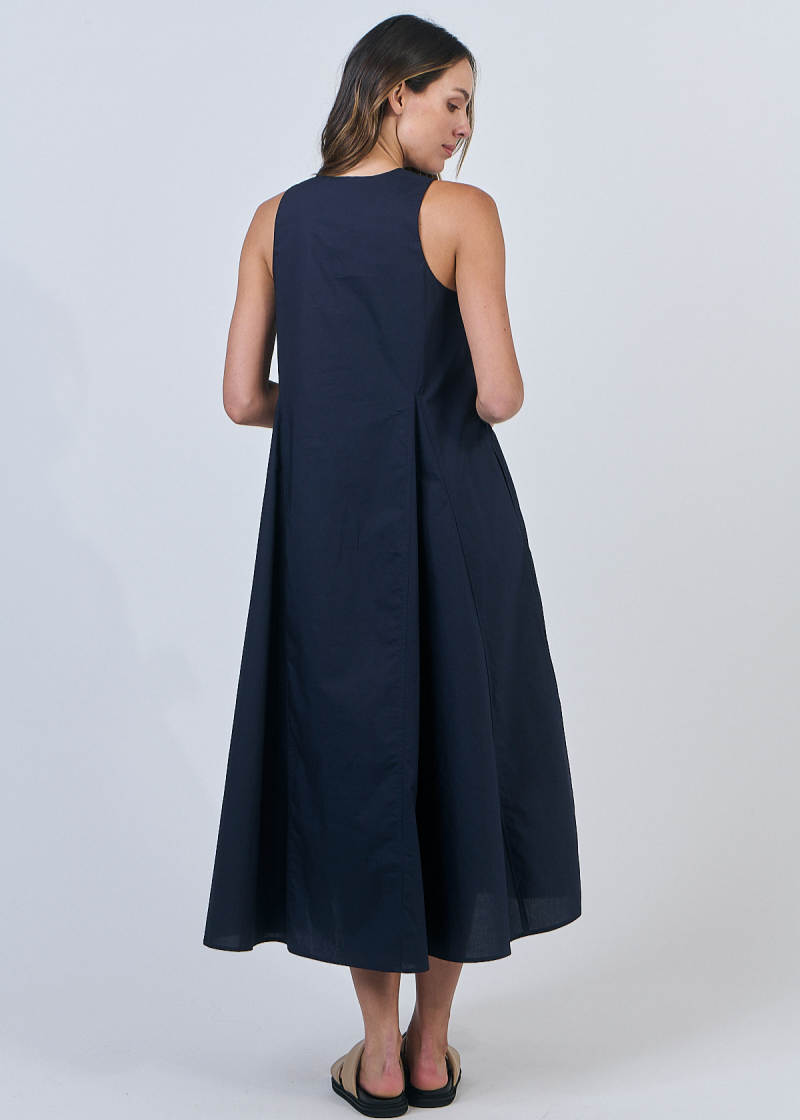 Cotton V Neck Midi Dress ~ Ink