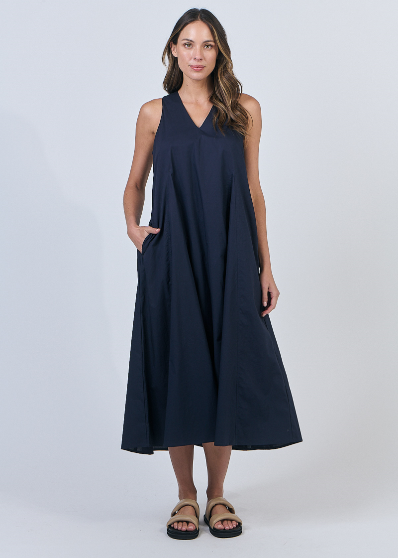 Cotton V Neck Midi Dress ~ Ink