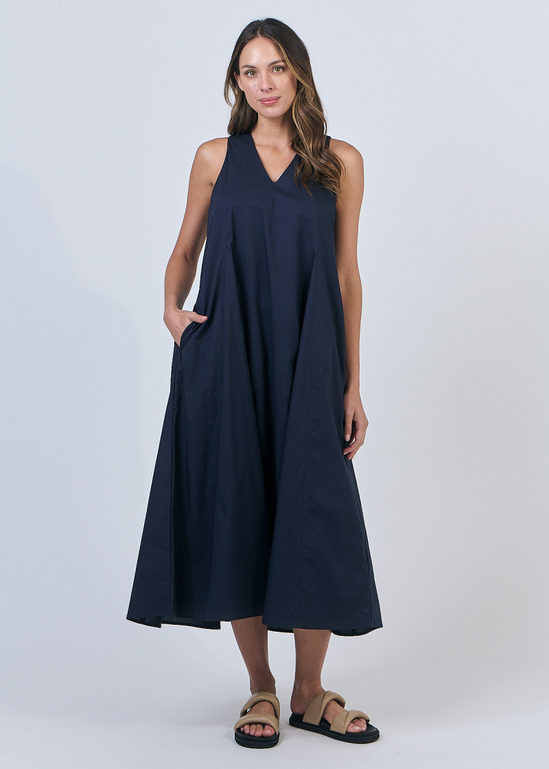 Cotton V Neck Midi Dress ~ Ink