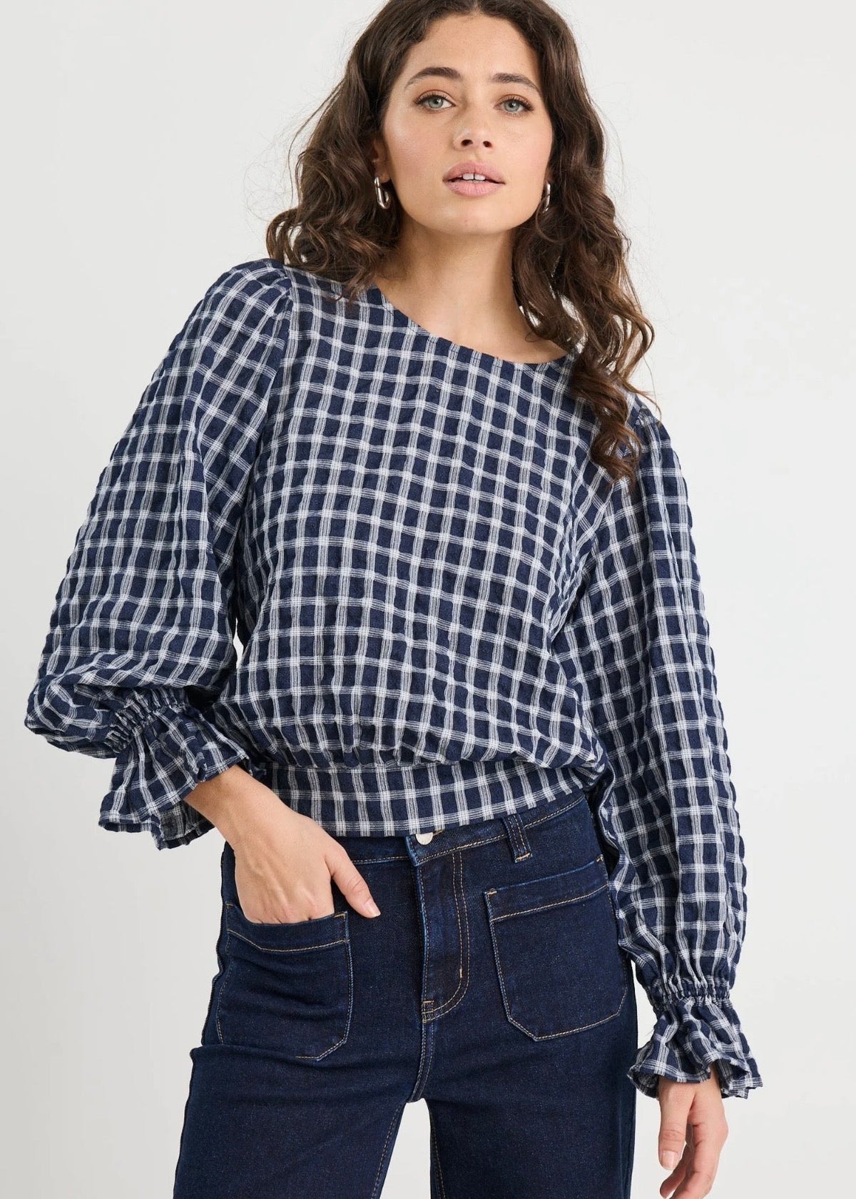 Image Shirred Back Panel LS Top ~ Ink Check