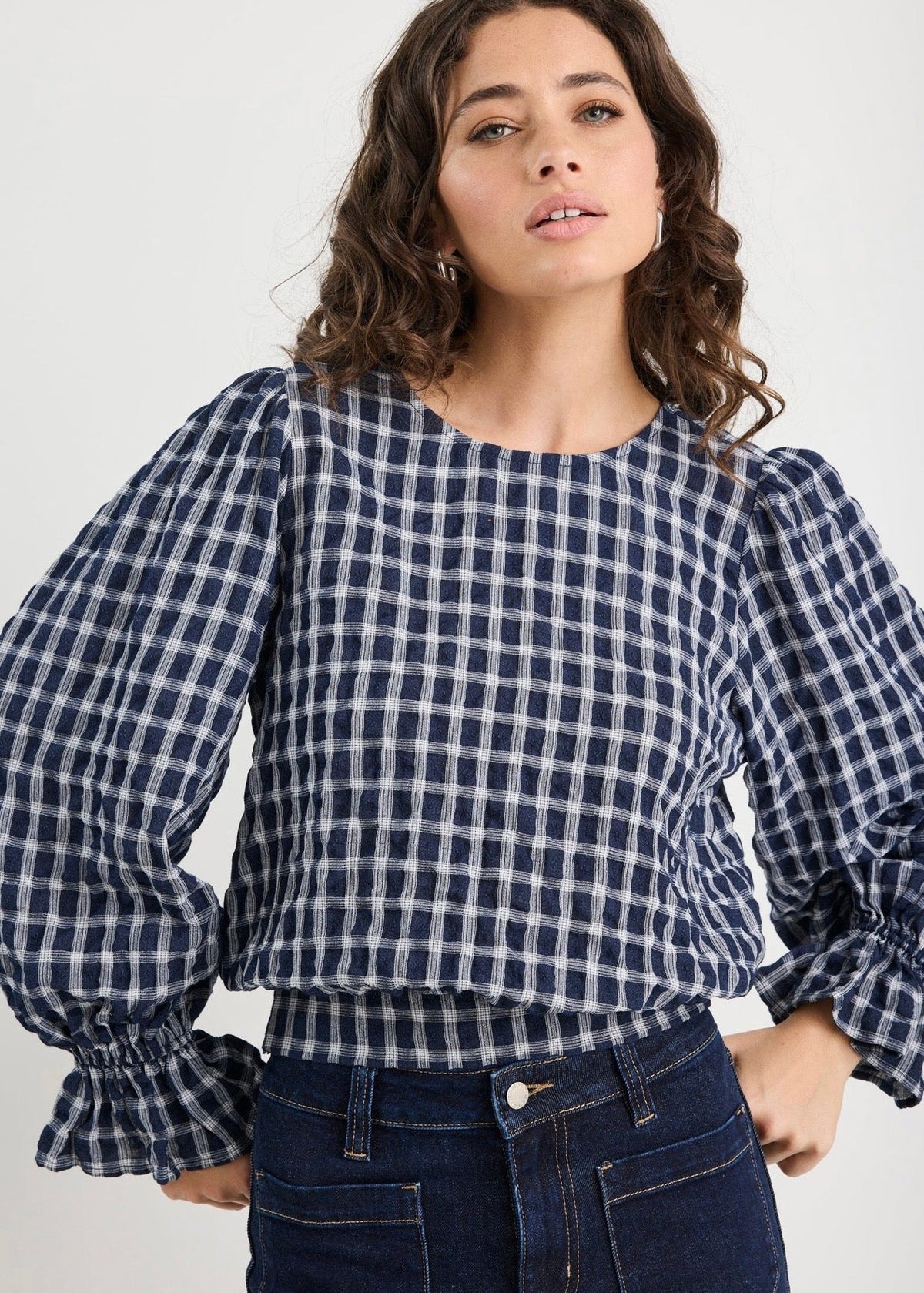 Image Shirred Back Panel LS Top ~ Ink Check