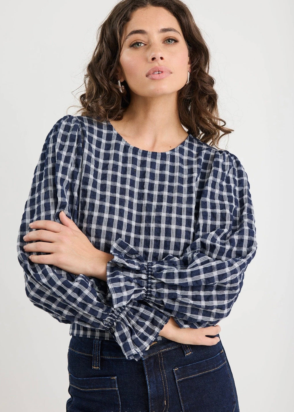 Image Shirred Back Panel LS Top ~ Ink Check