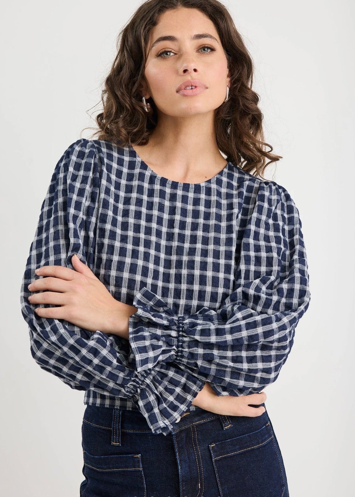 Image Shirred Back Panel LS Top ~ Ink Check