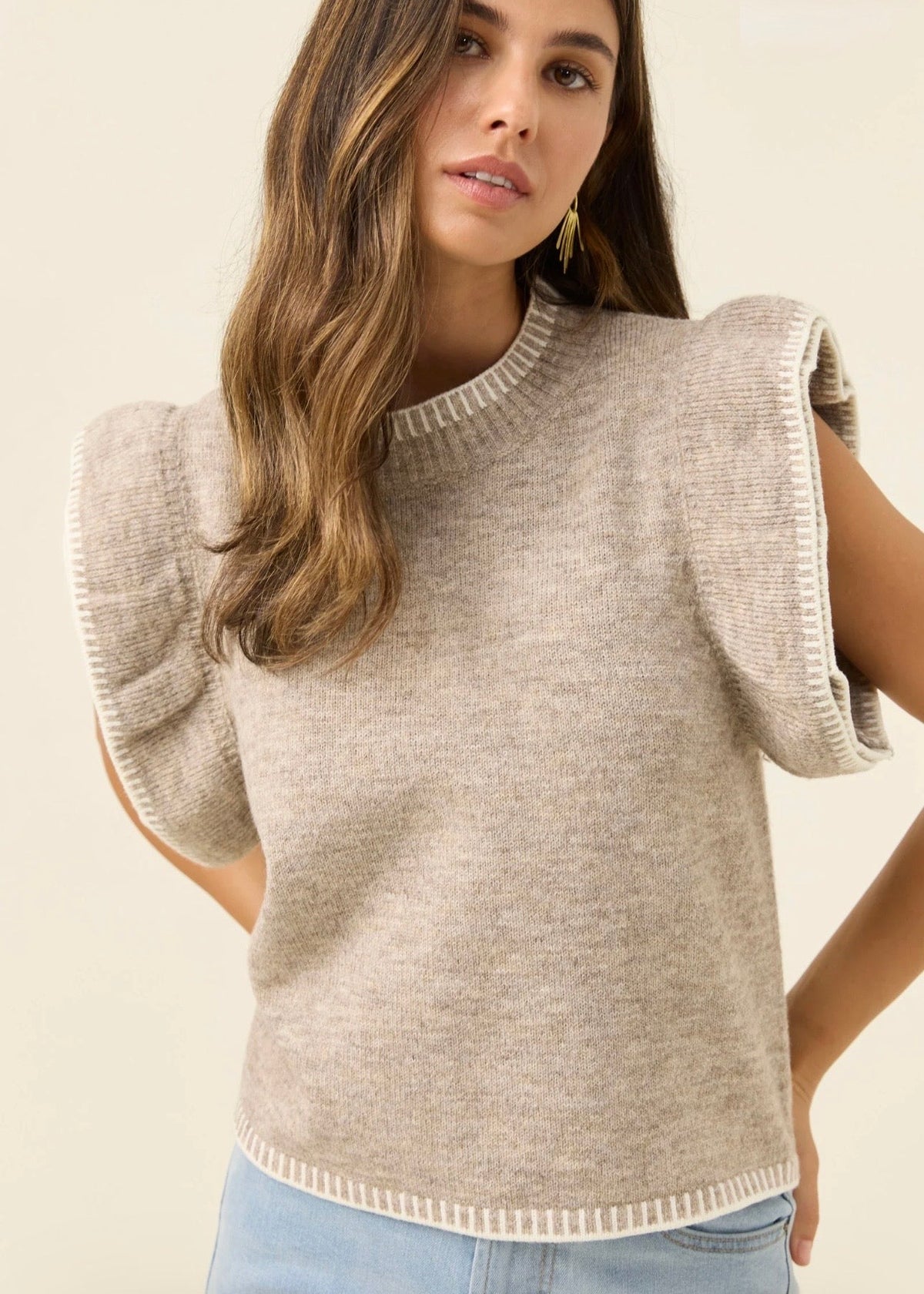 Athena Frill Knit Top ~ Stone