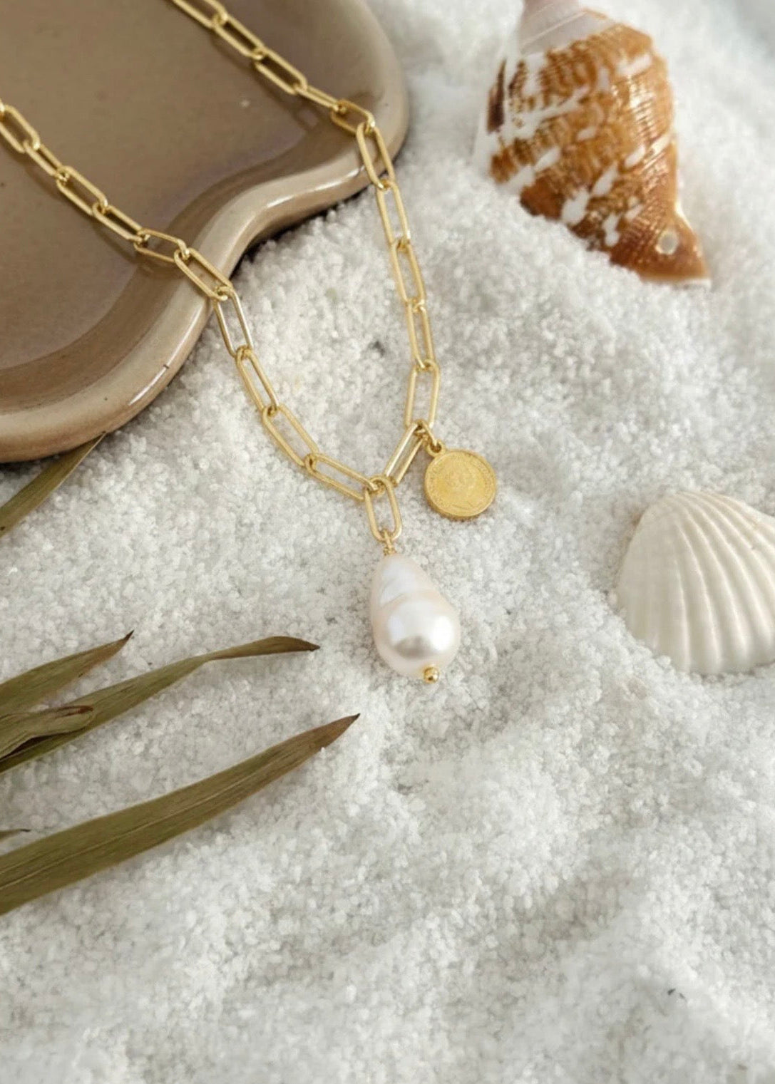 Pearl Drop with Coin Necklace ~ Gold