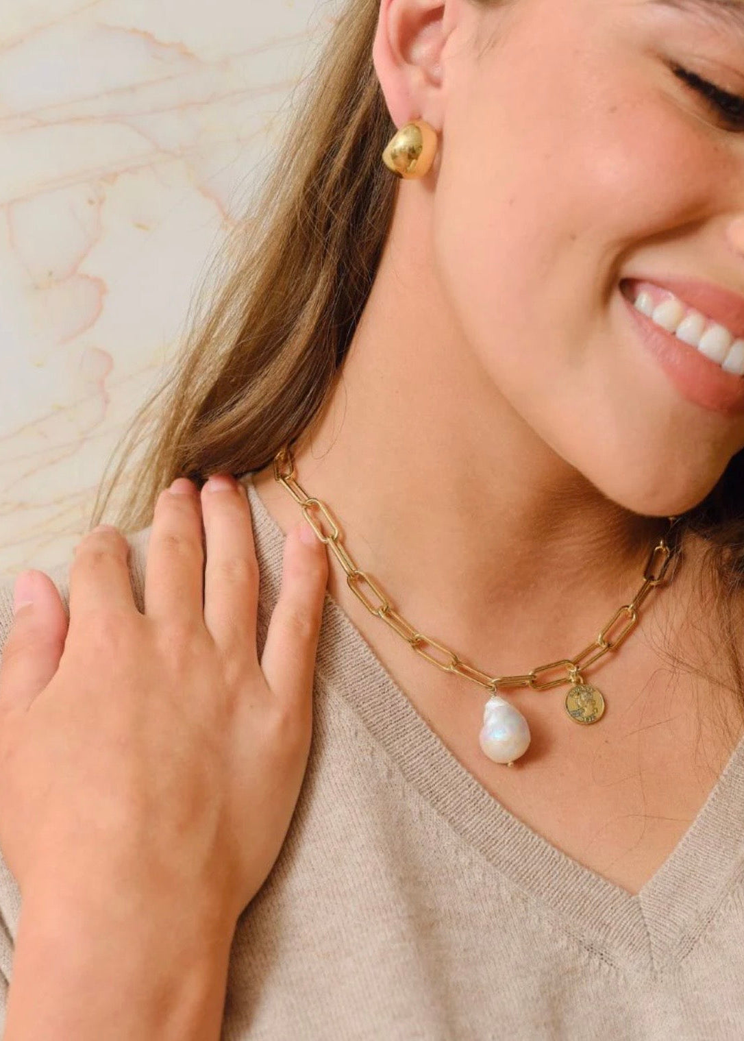 Pearl Drop with Coin Necklace ~ Gold