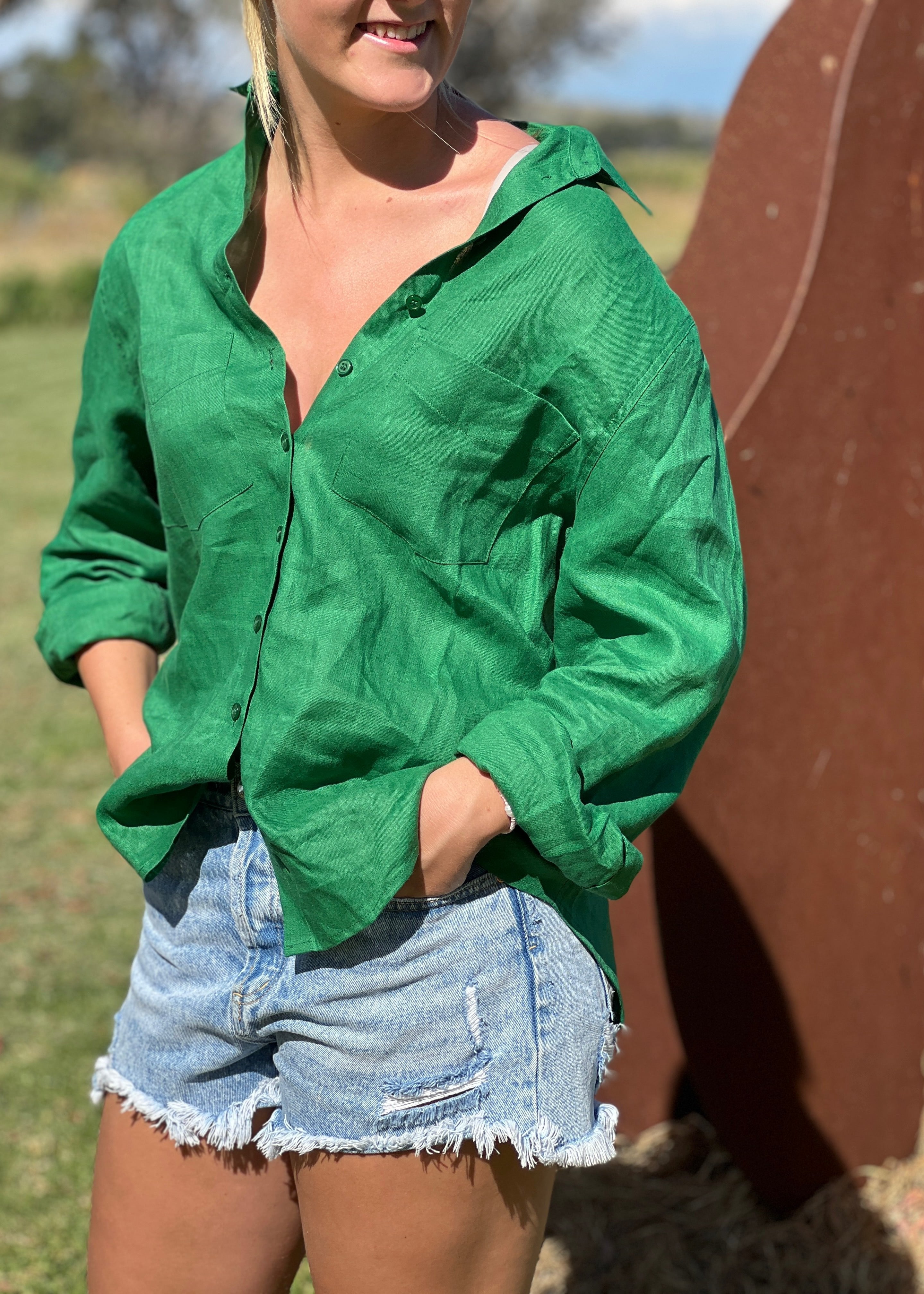 Boyfriend Linen Shirt ~ Emerald