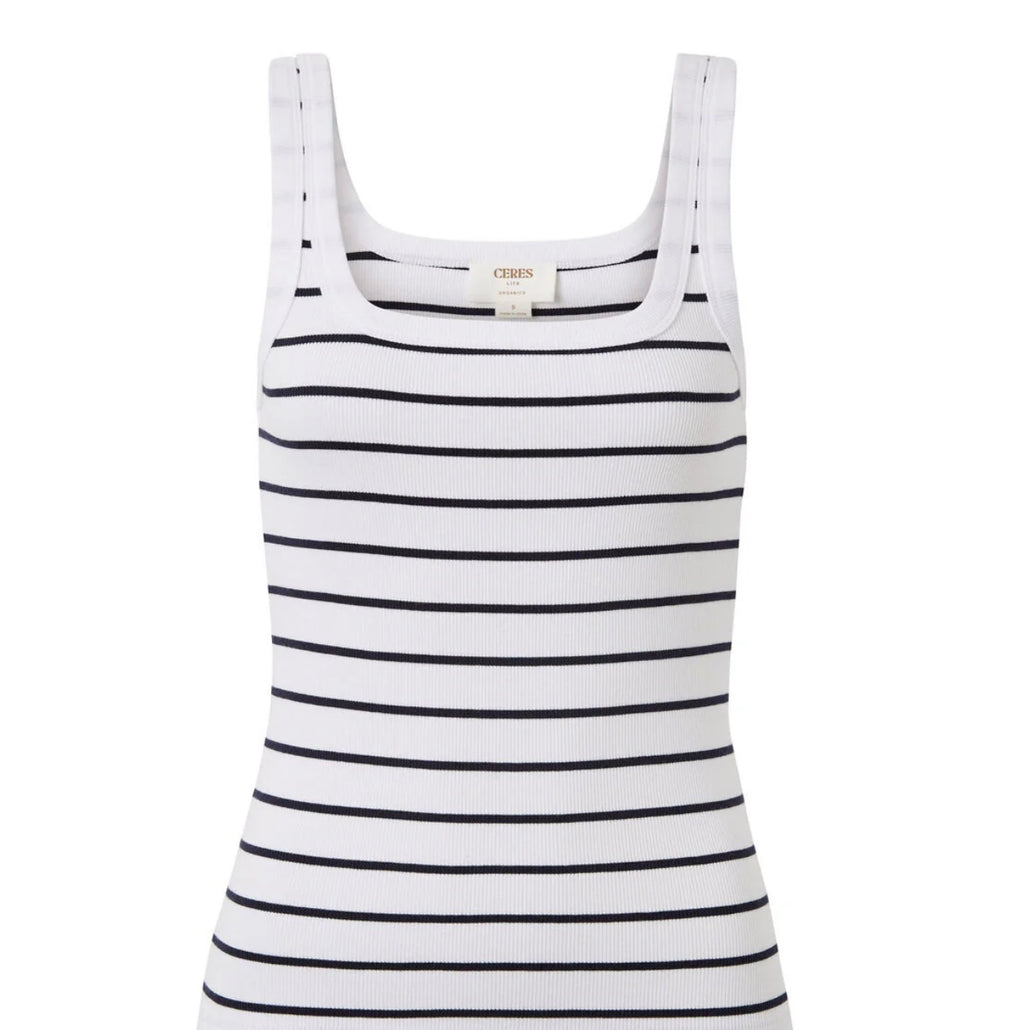 Contour Rib Square Neck Singlet ~ White/Navy Stripe
